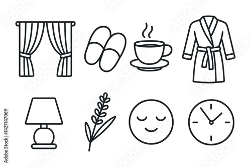 Obraz na płótnie Home comfort outline icon set – relaxation and leisure symbols for cozy spaces, hygge living, and interior decor: curtains, slippers, coffee cup, bathrobe, lamp, plant, smiling face, clock w salonie