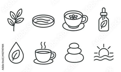 Wellness and relaxation icon set – outline style symbols for spa and self-care: leaf, stones, sunrise, teacup, essential oil dropper, herbal drop, hot beverage, pool