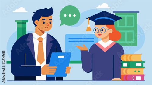 A student fresh out of college and already struggling to make ends meet receives guidance from a counselor on managing their student loan payments. Vector illustration