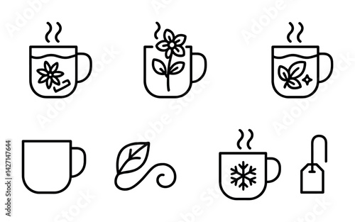 Hot beverage icon set – outline style coffee, tea, and drink symbols for cafes and menus: steaming cup, tea leaf, flower mug, empty mug, tea bag, snowflake mug