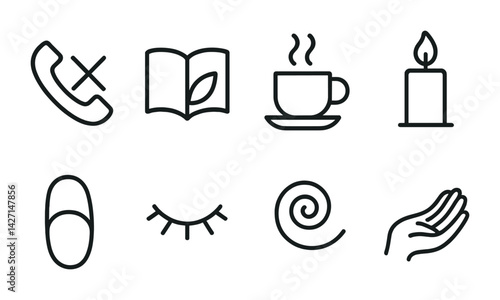 Relaxation and wellness outline icon set – linear style symbols for mindfulness and self-care: phone silent, book, tea cup, candle, slipper, closed eye, spiral, hand