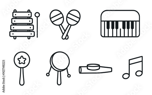 Musical instruments icon set – outline style music and sound symbols for digital design, audio apps, and entertainment: xylophone, maracas, piano, tambourine, kazoo, music note
