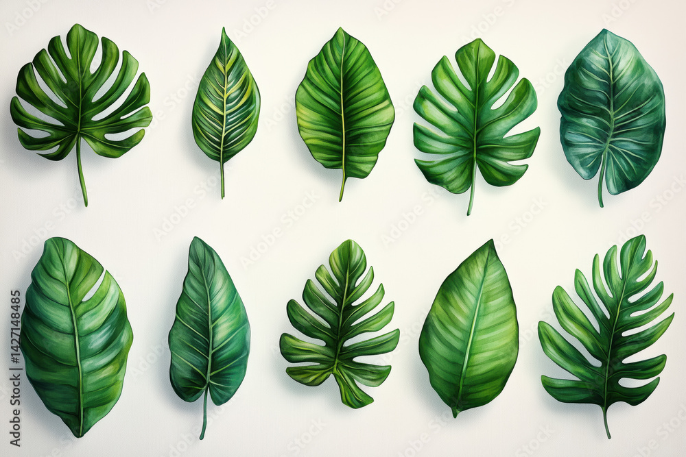 Set of Tropical leaves isolated on white background. Beautiful tropical exotic foliage
