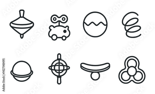 Vintage toy icon set – outline style classic childhood symbols for nostalgia and play: spinning top, wind-up toy, rubber ball, yo-yo, hula hoop, toy car, frisbee, rattle