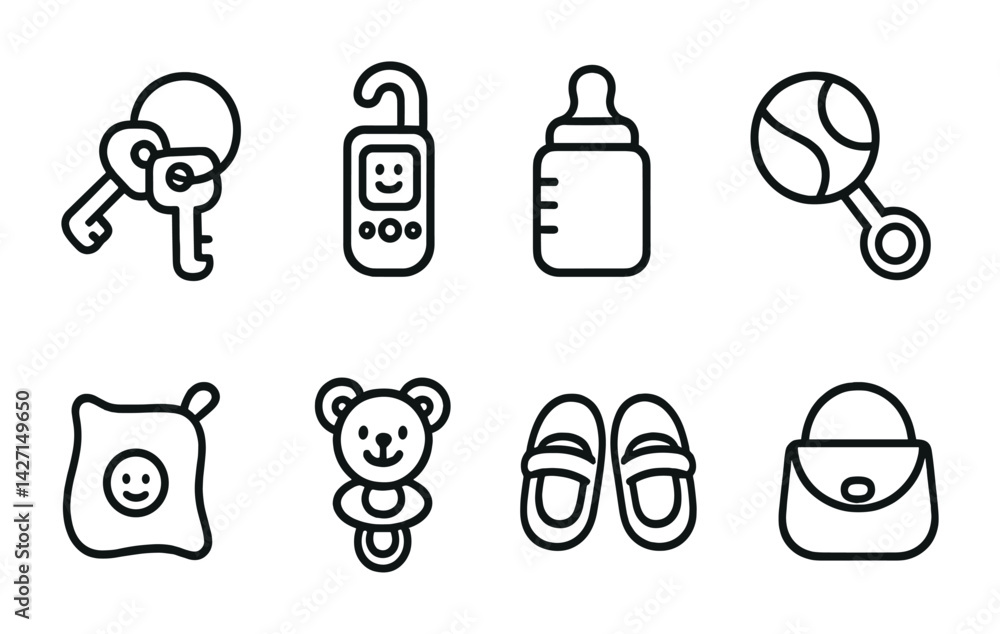 Baby care icon set – outline style infant and childcare symbols for parenting, newborn essentials, and baby gear: bottle, rattle, pacifier, baby monitor, booties, diaper bag, plush toy, keys Baby care icon set – outline style infant and childcare symbols for parenting, newborn essentials, and baby gear: bottle, rattle, pacifier, baby monitor, booties, diaper bag, plush toy, keys
