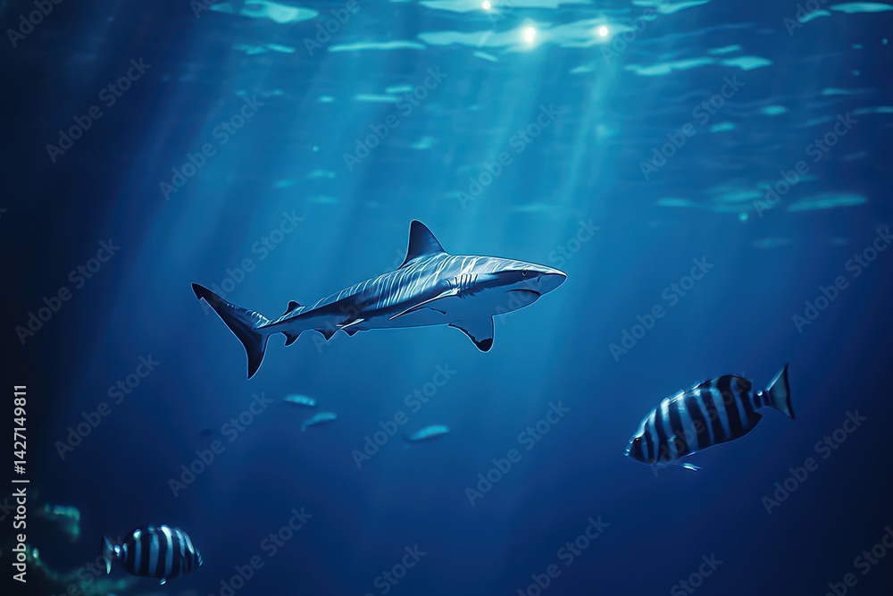 Naklejka premium A serene underwater scene featuring a shark swimming gracefully among striped fish in a sunlit ocean