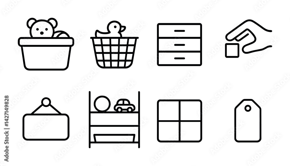 Home organization icon set – linear style storage and decluttering symbols for effective space management, tidying, and minimalist decor: basket, drawer, hand, tag, shelf, label, toy, grid Home organization icon set – linear style storage and decluttering symbols for effective space management, tidying, and minimalist decor: basket, drawer, hand, tag, shelf, label, toy, grid