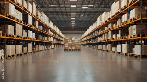 Large Industrial Warehouse Interior With Cardboard Boxes