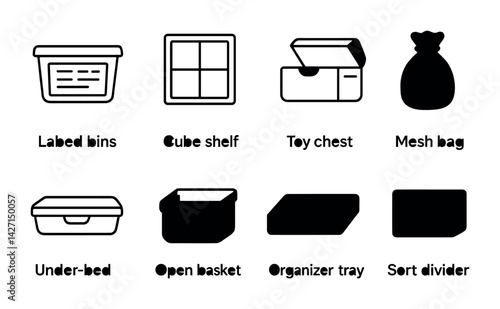 Home organization icon set – outline style storage and decluttering symbols: labeled bins, cube shelf, toy chest, mesh bag, under-bed, open basket, organizer tray, sort divider