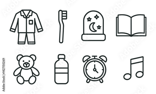 Bedtime routine icon set – outline style sleep and relaxation symbols: pajamas, toothbrush, nightlight, book, teddy bear, water bottle, alarm clock, music note