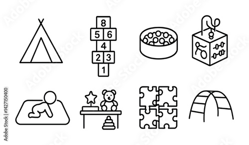Children's playground activity icon set – outline style kids playtime, recreational fun symbols: tent, hopscotch, ball pit, abacus, baby crawling, teddy bear, puzzle, jungle gym