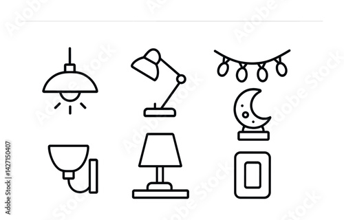 Lighting icon set — outline style home and office lighting symbols for illumination and decor: pendant light, desk lamp, string lights, wall sconce, table lamp, moon nightlight, light switch