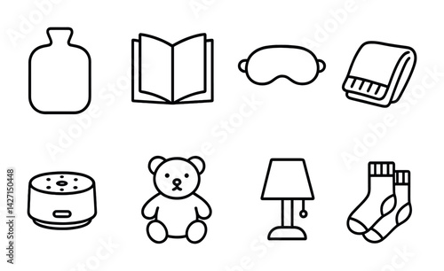 Home comforts icon set – outline style cozy living essentials collection for relaxation and leisure: hot water bottle, book, sleep mask, blanket, humidifier, teddy bear, lamp, socks