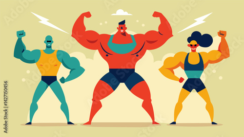 Each competitor radiates power and confidence as they perform their routines their bodies glistening with sweat as they push themselves to perform. Vector illustration