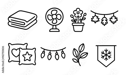 Home decor outline icons set – flat style interior design, seasonal decor, and furnishing symbols: blankets, fan, potted plant, leaf garland, cushions, string lights