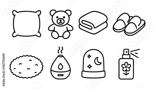 Sleep and relaxation outline icon set – calming and cozy symbols for bedtime comfort, relaxation, and self-care: pillow, teddy bear, blanket, slippers, eye mask, diffuser, nightcap, spray
