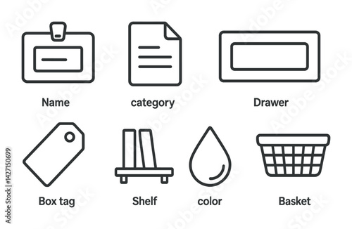 Office and organization icon set – outline style symbols for productivity, storage, and filing: name badge, document, drawer, tag, shelf, color droplet, basket