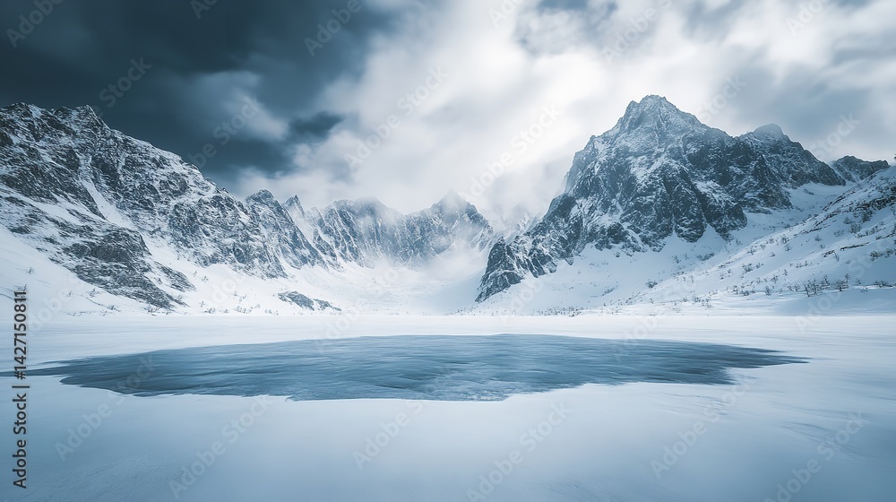 Obraz premium Stunning Winter Landscape Frozen Lake Majestic Mountains Dramatic Sky Snow Covered Peaks Serene Nature Scene Breathtaking View Cold Weather Frosty Air