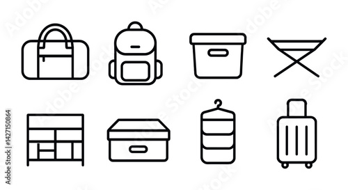 Luggage and travel outline icon set – linear style packing and vacation symbols for suitcase, backpack, storage box, folding chair, wardrobe, hanger, travel bag