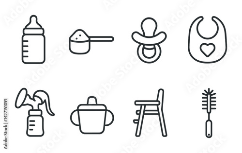 Baby essentials line icon set – outline style newborn care and parenting symbols for nurseries and infant safety: baby bottle, pacifier, bib, sippy cup, high chair, baby food, pump