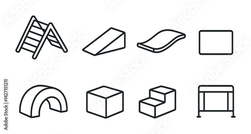 Playground equipment outline icons set – linear style recreational and outdoor play symbols for child development and fitness: slide, swing, sandbox, climbing frame, see-saw, merry-go-round, jungle