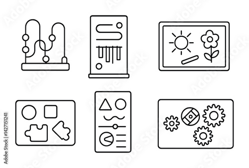 Education and learning outline icon set – linear style school and classroom symbols for teaching, study tools, and student activities: abacus, blackboard, puzzle, chart, gears, diagram
