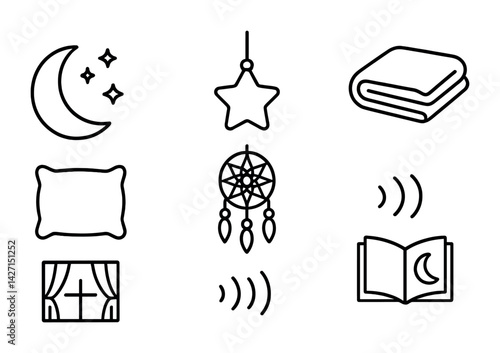 Sleep and relaxation icon set – outline style soothing symbols for bedtime wellness and tranquility: moon and stars, pillow, dreamcatcher, blanket, book, curtain, star