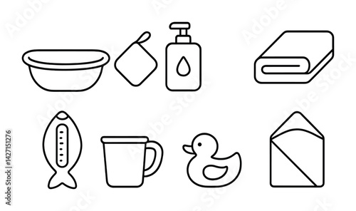 Baby bath time icon set – outline style hygiene and care symbols for infant bathing, cleanliness, and safety: bathtub, sponge, liquid soap, towel, thermometer, cup, rubber duck, washcloth