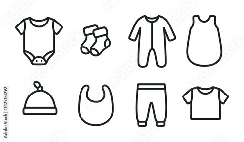 Baby clothing icon set – outline style newborn and infant wardrobe symbols: onesie, socks, sleepsuit, blanket, hat, bib, pants, t-shirt