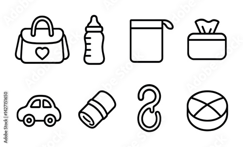 Baby essentials icon set – outline style nursery and parenting symbols for childcare and newborn needs: diaper bag, baby bottle, bib, wipes, car, towel, hook, pillow