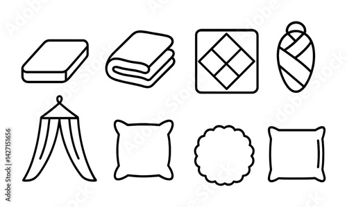 Bedding and linens icon set – outline style symbols for home decor, bedroom, and comfort design: mattress, blanket, quilt, swaddle, canopy, pillow, cushion, pillowcase