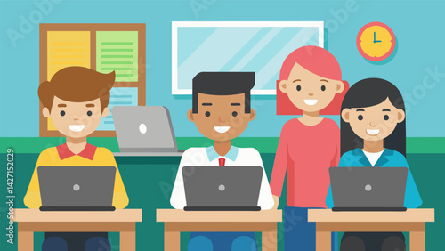 A group of students sitting in a classroom one using a brand new laptop while another has a slightly outdated one.. Vector illustration