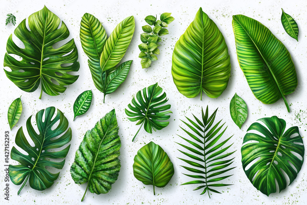 Set of Tropical leaves isolated on white background. Beautiful tropical exotic foliage