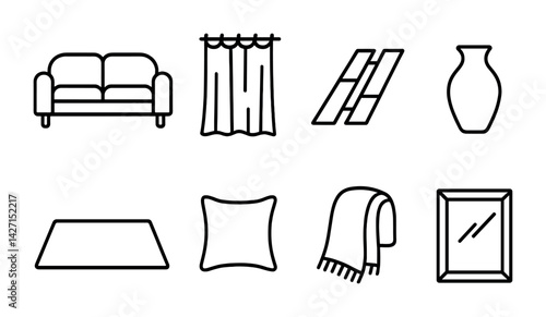 Home decor icon set – outline style symbols for interior design, decoration, and furnishing: sofa, curtain, flooring, vase, rug, pillow, blanket, mirror