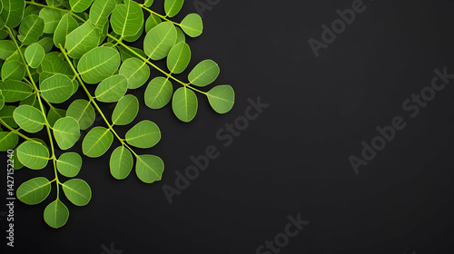 Fresh Green Leaves Arrangement On Black Background