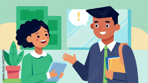 A smiling financial aid officer greets a nervous new student putting them at ease as they discuss their options for financial assistance.. Vector illustration