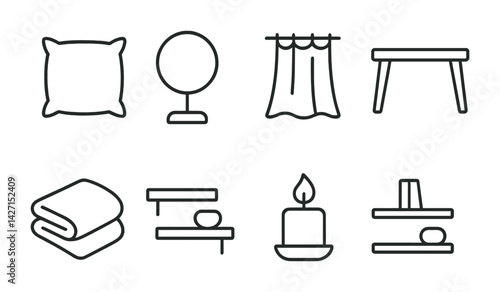 Home decor icon set – outline style interior design symbols for modern living spaces and home furnishing: pillow, lamp, curtain, table, towel, shelves, candle, book