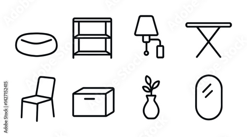 Home furniture icon set - outline style interior design symbols for modern decor, living room, bedroom essentials: chair, sofa, lamp, shelf, table, mirror, vase, ottoman