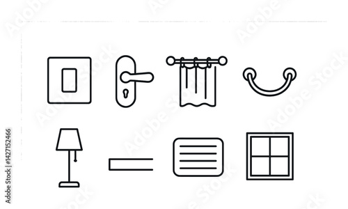 Home decor icon set – outline style interior design and decoration symbols: light switch, door handle, curtain, drawer pull, lamp, text panel, window
