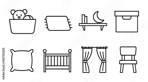 Nursery room outline icons set – line style baby and infant room decor symbols: teddy bear, crib, curtains, pillow, moon shelf, storage box, chair, cushion