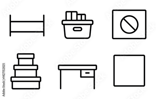 Home organization outline icons set – minimalist style storage and decluttering symbols for efficient space management: shelf, container, no entry, stacked boxes, desk, square frame