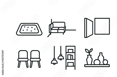 Home furniture icon set – outline style interior design symbols for home decor, room planning, furniture arrangement: sofa, bookshelf, window, table, chairs, lamps, vases