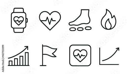 Fitness and health linear icons set – outline style wellness and exercise symbols for activity tracking, heart health, and physical training: smartwatch, heart, foot, flame, graph