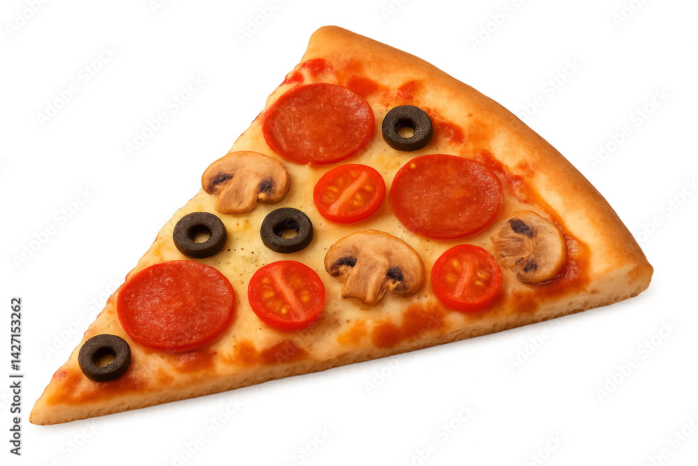 Delicious Pepperoni and Vegetable Pizza Slice Served on a Clean White Background Delicious Pepperoni and Vegetable Pizza Slice Served on a Clean White Background
