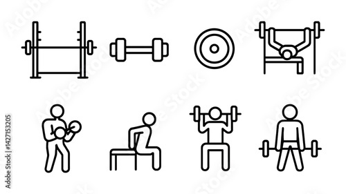 Fitness and gym icon set – outline style workout and exercise symbols for training plans, weightlifting, and health: dumbbell, barbell, bench press, squat rack, punching bag, workout bench