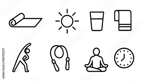 Fitness and wellness icon set – outline style symbols for health and exercise motivation, gym routines, and personal care: yoga mat, sun, water glass, towel, stretching, jump rope, meditation, clock