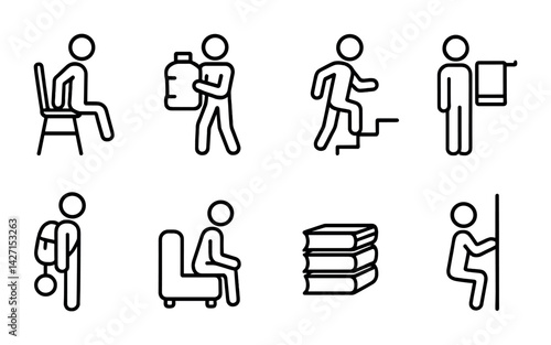 Fitness and exercise outline icon set – linear style workout and activity symbols for health and wellness: stretching, lifting weights, stairs, jogging, sitting, rest, reading