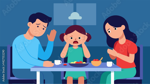 A family arguing and crying at the dinner table as they struggle to make ends meet and contemplate whether they will be able to keep their home.. Vector illustration
