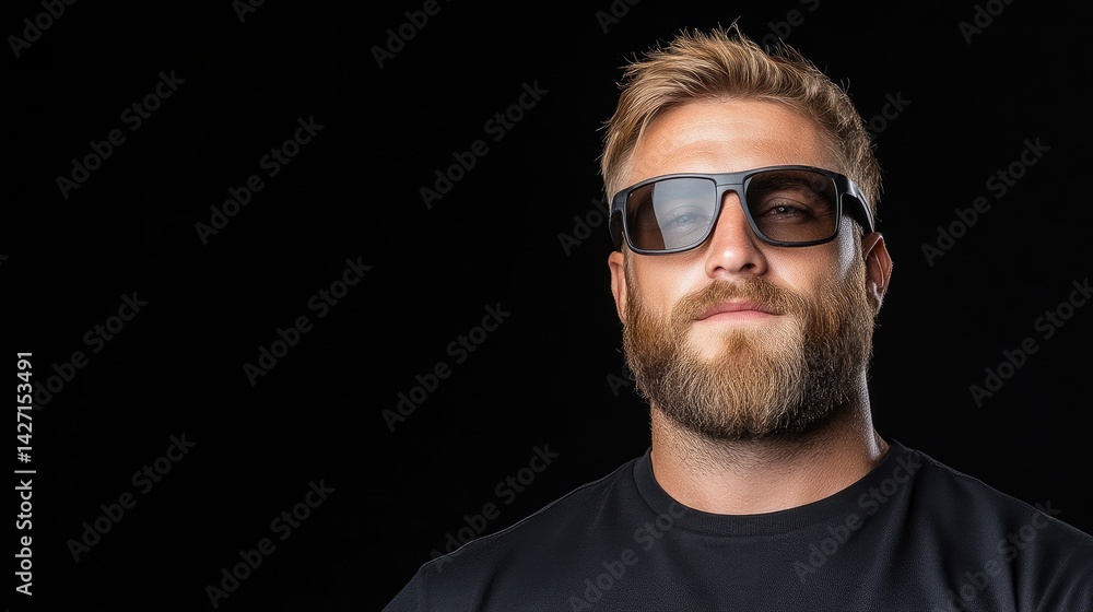 A confident man with beard wearing sunglasses looking at camera, black background, studio portrait, and stylish and modern fashion concept. A confident man with beard wearing sunglasses looking at camera, black background, studio portrait, and stylish and modern fashion concept.