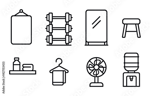 Home gym and fitness outline icons set – minimalist style exercise and workout symbols for personal training, home equipment, and wellness: punching bag, dumbbells, mirror, stool, toiletries, towel